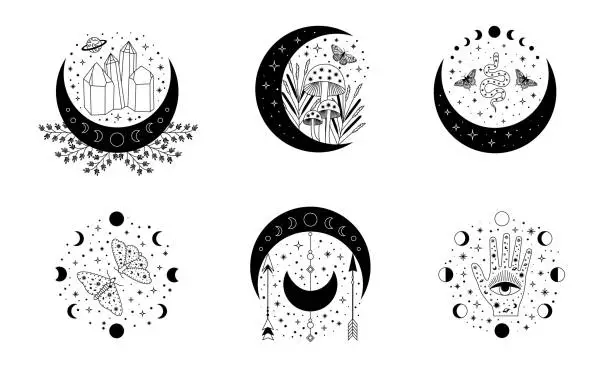 Vector illustration of Celestial mystical moon collections. Magic and esotericl vector illustrations.