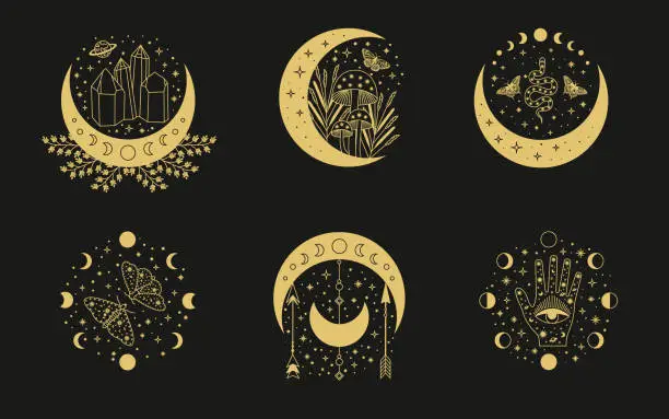 Vector illustration of Celestial mystical moon collections. Magic and esotericl vector illustrations.