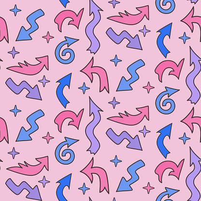 Vintage retro 90s style seamless pattern with arrows. Pastel colored background. Hand drawn arrows and sparkles with dark contour. Perfect for kids textile, background, banner.
