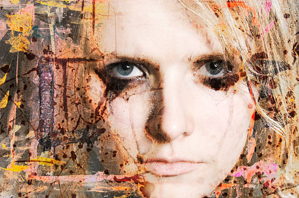 Graffiti woman Face of a young woman behind a glass covered with graffiti. ugly people crying stock pictures, royalty-free photos & images