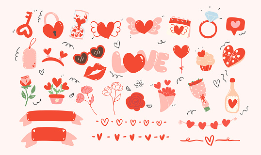 Cute Kawaii Valentine Element. Hand Drawn Illustration in Red and Pink Theme Featuring Adorable Hearts and Decorative Elements