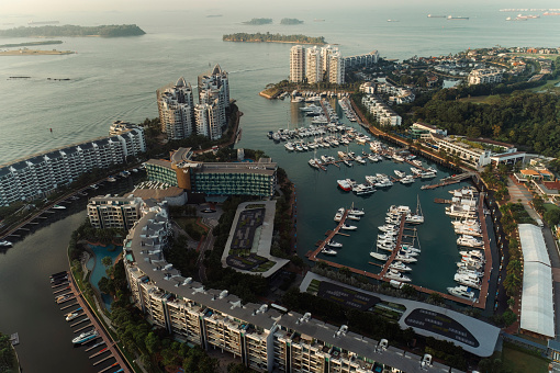 Aerial view of Sentosa Cove, a residential enclave in the eastern part of Sentosa Island in Singapore