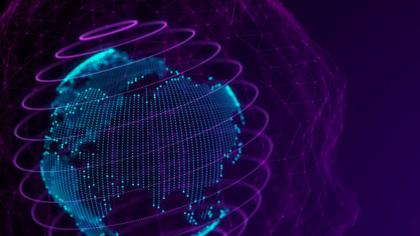 グローバルビジネスの世界地図の点と線の構成のコンセプト。3dレンダリング。グローバルネットワーク接続。 - three dimensional shape continents bright blue ストックフォトと画像