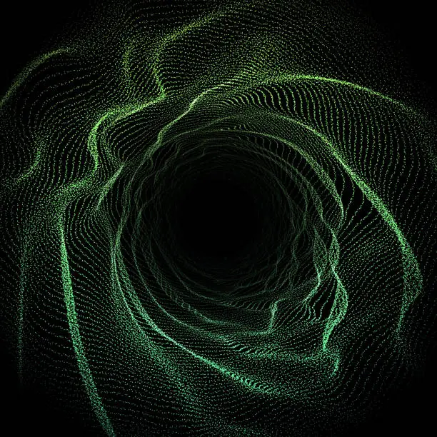 Vector illustration of Green particle swirl on a black background forming a tunnel-like structure.