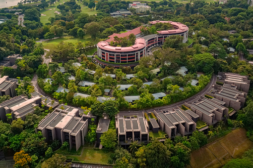 Aerial view of Capella Singapore,  a luxury hotel situated in 30 acres (12 ha) of grounds and gardens located on Sentosa Island, Singapore.  It was designed by architect Norman Foster. The 2018 United States–North Korea Summit was held at the hotel.