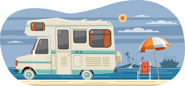 Easy editable motor 
home on the beach vector 
illustration... Elements was layered.