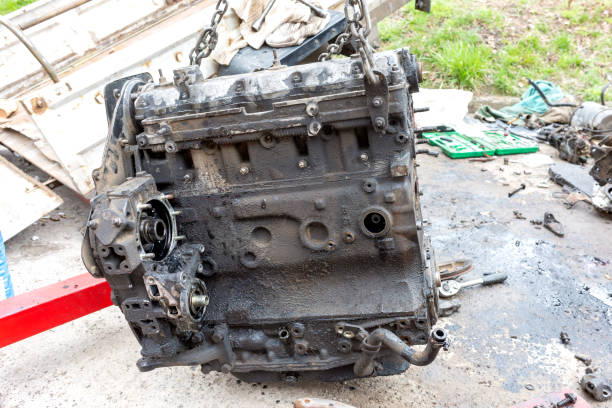 istock The car's internal combustion engine hangs on chains during repairs. 1876852488