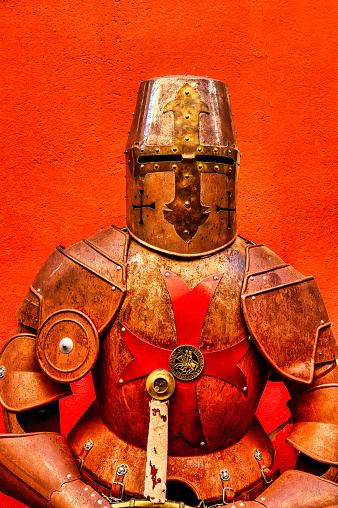 Toledo, Spain, Medieval metal armor decorating a city street.