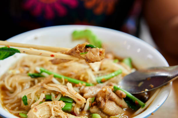 Rice stick noodles with braised chicken meat in a bowl