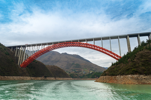 A stunning view of a vibrant red bridge arching over the calm waters of China's Yangtze River, surrounded by lush green hills under a cloudy sky.