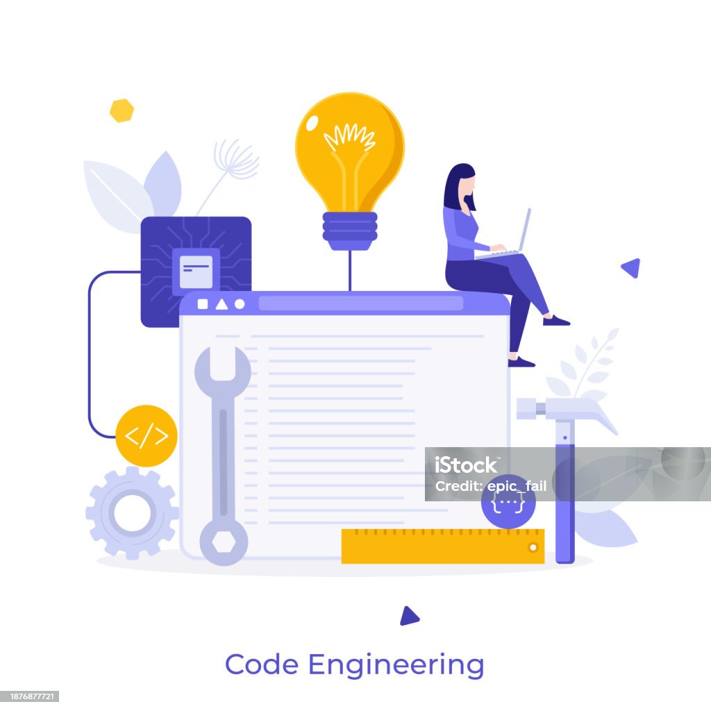 Programmer or coder sitting on program window and working on laptop computer. Concept of code engineering, software development, programming or coding. Modern flat vector illustration for poster. Coding stock vector Programmer or coder sitting on program window and working on laptop computer. Concept of code engineering, software development, programming or coding. Modern flat vector illustration for poster. Coding stock vector