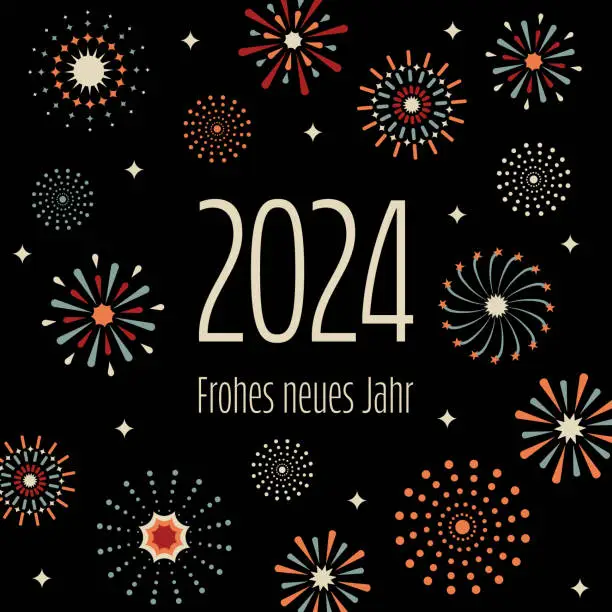 Vector illustration of 2024 Frohes neues Jahr - text in German - 2024 Happy New Year. Square greeting card with abstract colorful fireworks.