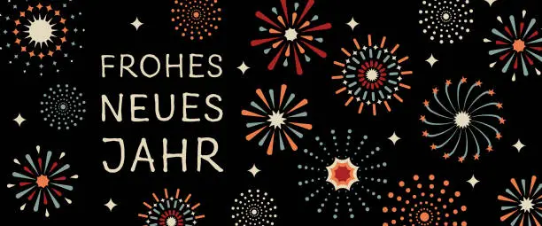 Vector illustration of Frohes neues Jahr - text in German - Happy New Year. Greeting card with abstract colorful fireworks.