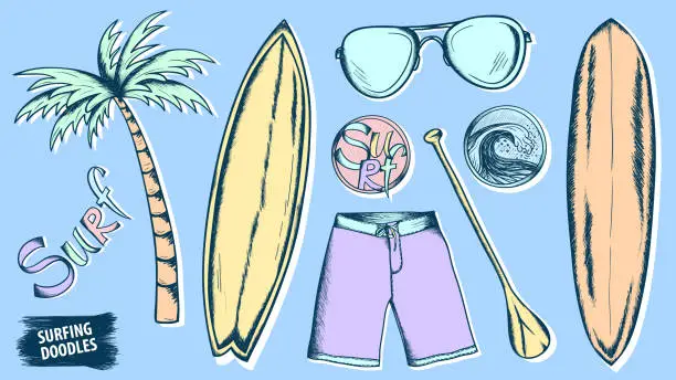 Vector illustration of Surfing doodles. Summer sketches set. Ocean. Beach rest. Hand drawn stickers. Surfboard. Wave. Palm. Traveling or vacations design.