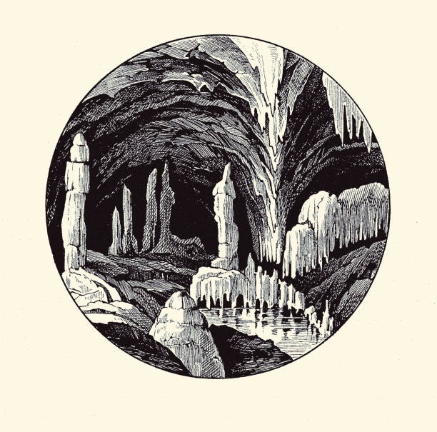 illustrazioni stock, clip art, cartoni animati e icone di tendenza di bella vignetta finale con una misteriosa grotta piena di stalattiti e stalagmiti e con un lago sotterraneo - spaz