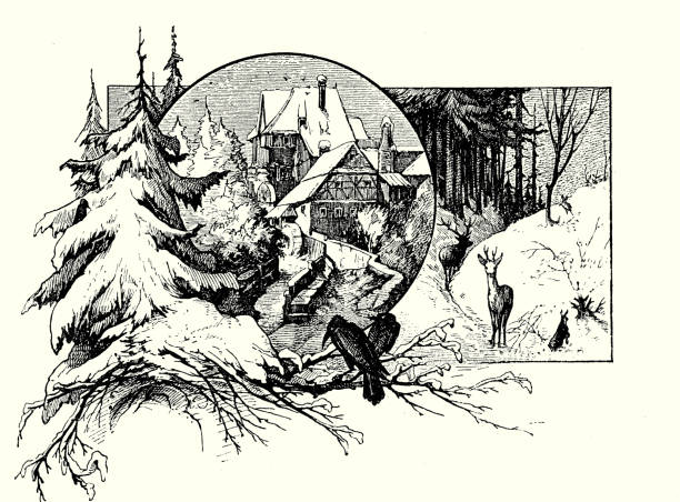 illustrazioni stock, clip art, cartoni animati e icone di tendenza di bella decorazione del capitolo con scene invernali: paesaggio selvaggio coperto di neve, cervi, corvi, un villaggio accogliente - spaz