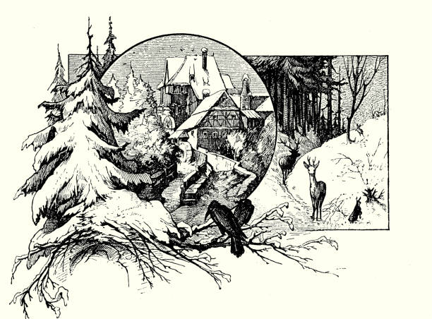 Beautiful chapter decoration with winter scenes: wild landscape covered by snow, deers, crows, a cozy village