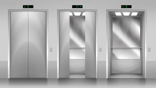 stockillustraties, clipart, cartoons en iconen met modern passenger or cargo elevators, lifts with closed, opened and half closed, metallic cabins doors. elevator door in office building. floor indicators digits, realistic vector illustration - lift