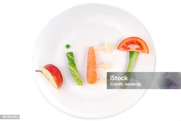 Foto de Palavra Dieta Feitas De Legumes E Frutas Isolada No Branco e mais fotos de stock de Alimentar