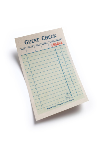 Blank Guest Check, concept of restaurant expense. Fake Guest Check,