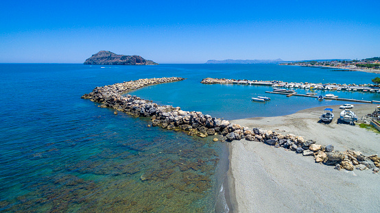 Agia Marina Beach with island view in Chania, Crete. Greek Islands.