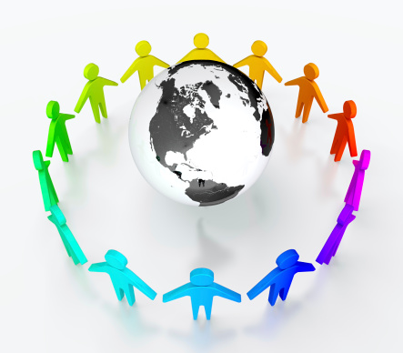 People in circle surrounding the Earth. Symbol of global communication.