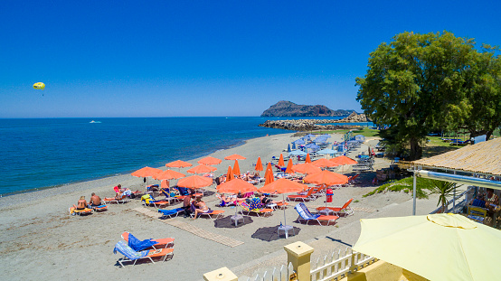 Agia Marina Beach with island view in Chania, Crete. Greek Islands.