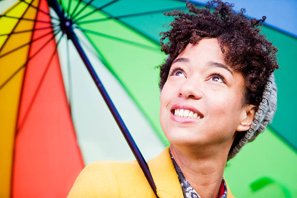 istock Beautiful multi-racial woman with umbrella 187695039