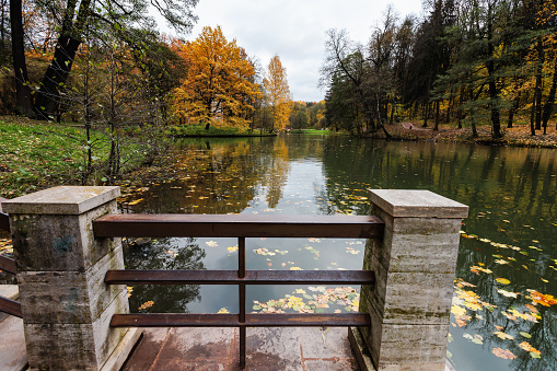 Autumn landscape with lake and colorful trees. View from the bridge