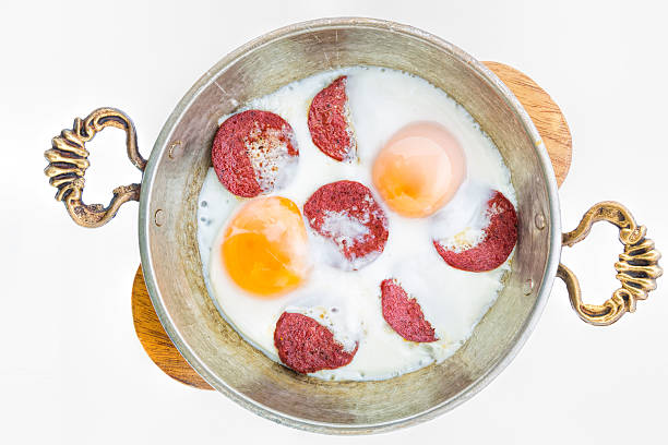 istock Fried eggs on the Anatolian traditional skillet with soudjouk 187695056