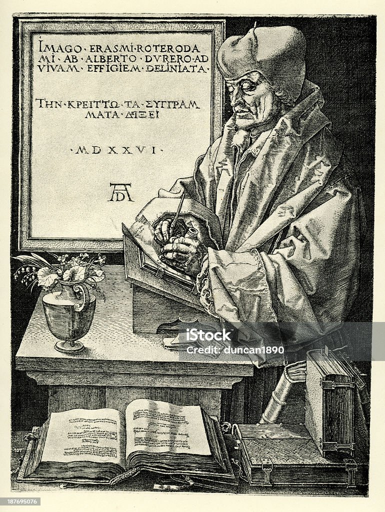 Erasmus of Rotterdam Vintage engraving by Albrech Durer, showing Erasmus of Rotterdam, 1526. Desiderius Erasmus Roterodamus (1466 to 1536), known as Erasmus of Rotterdam, or simply Erasmus, was a Dutch Renaissance humanist, Catholic priest, social critic, teacher, and theologian. Book stock illustration