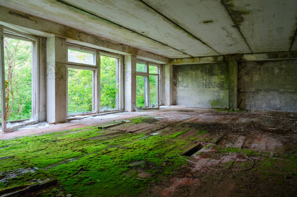 premises of abandoned school in resettled village of pogonnoe in exclusion zone of chernobyl nuclear power plant, belarus - barred windows стоковые фото и изображения