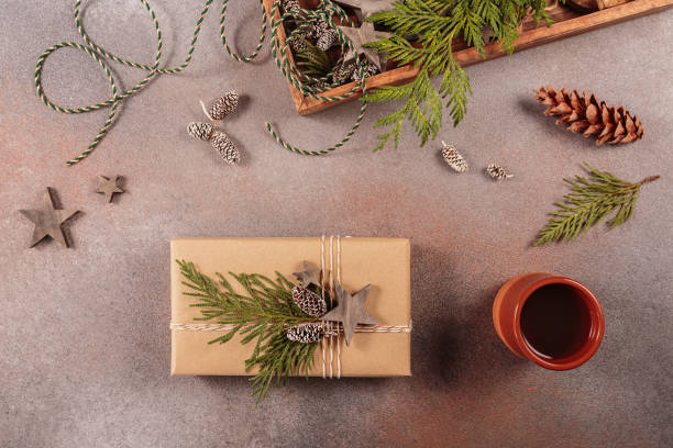 istock Wooden box with Christmas decor and handmade gift box 1877010697