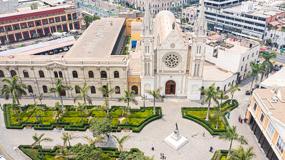 Drone shot view of Plaza Francia, Iglesia de la Recoleta, Peru