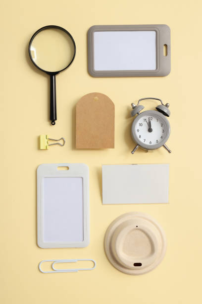 istock Mockup flat lay with different office accessories on beige background 1877017762