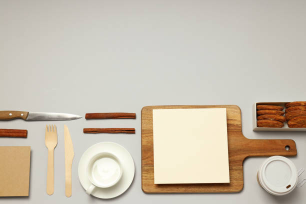 istock Mockup flat lay with cooking accessories, recipe concept, on light gray background 1877020375