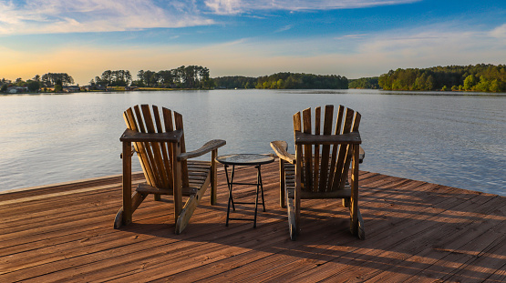Just two chairs out on a dock overlooking the beauty of beautiful Lake Sinclair in Milledgeville, Georgia.