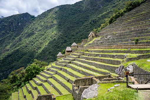 Side view of  terraces on mountain slope in Sacred City of Machu Picchu, Peru