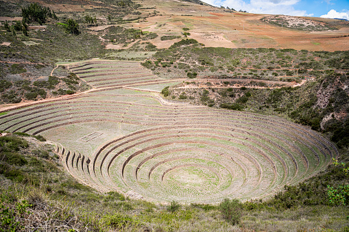 Elevated view of Moray Archeological Site, Urubamba, Sacred Valley, Perú