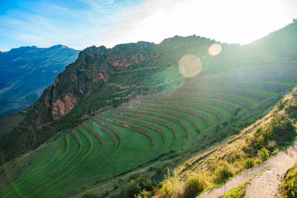 Elevated view of Pisac archeological site, Urubamba, Sacred Valley, Peru