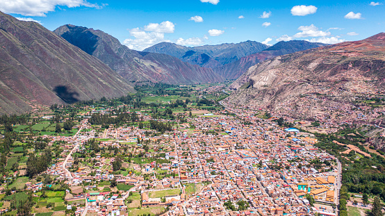 Aerial view of Urubamba Village, Sacred Valley, Perú
