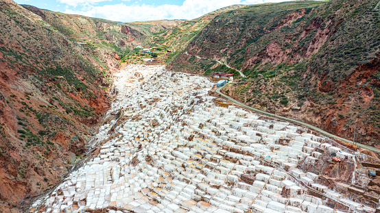 Drone shot of Maras Salt Mines, Urubamba, Sacred Valley, Perú