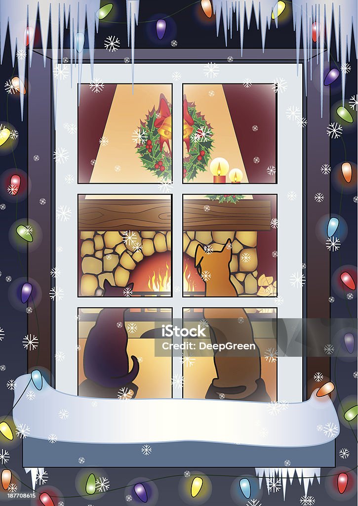 Window Christmas scene-dog and cat on the front of fireplace. Celebration stock vector