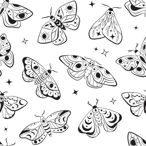 Celestial night moths seamless pattern vector art illustration