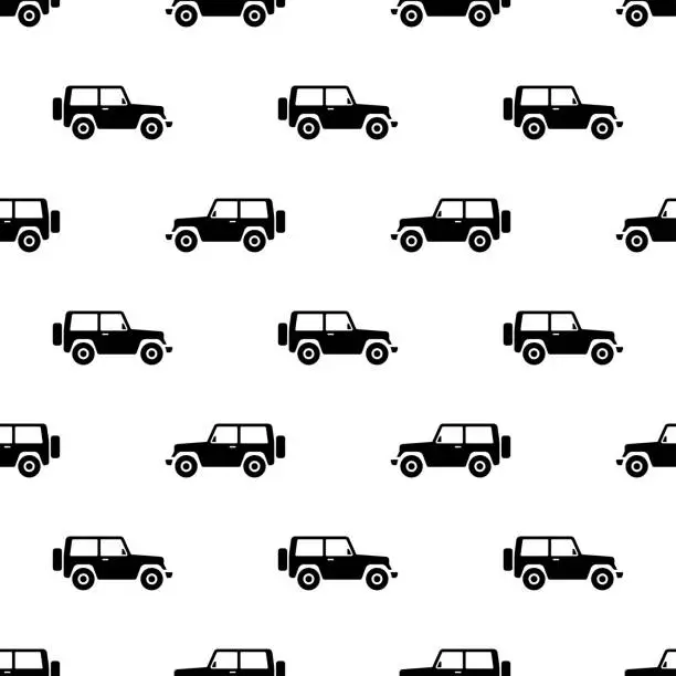 Vector illustration of Black small SUVs isolated on a white background. Monochrome off-road seamless pattern. Vector simple flat graphic illustration. Texture.