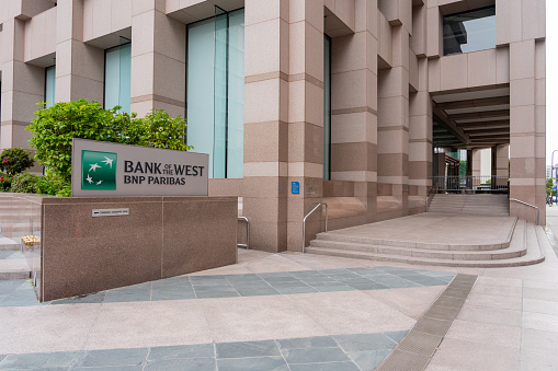 A Bank of the West branch at One California Plaza in Los Angeles, CA, United States - May 28, 2023. Bank of the West was an American financial institution now part of BMO Financial Group.