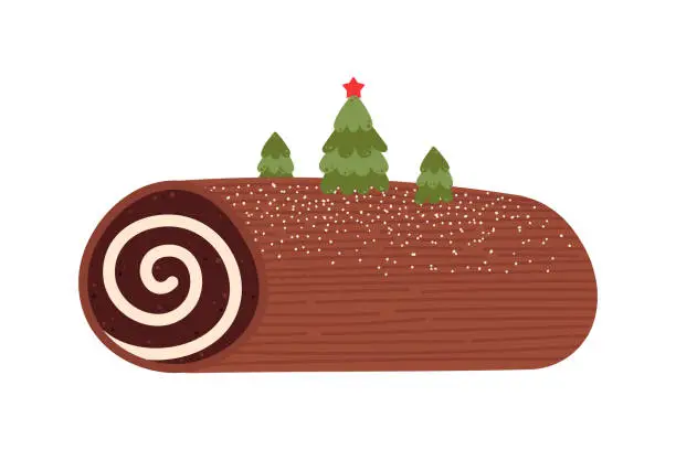 Vector illustration of Yule log traditional Christmas cake with christmas tree decoration. Buche de noel dessert. Chocolate roll with cream
