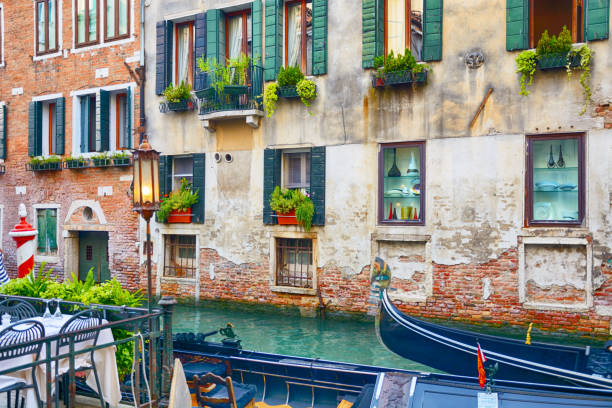 Street restaurant tables and chairs in Venice, Italy
