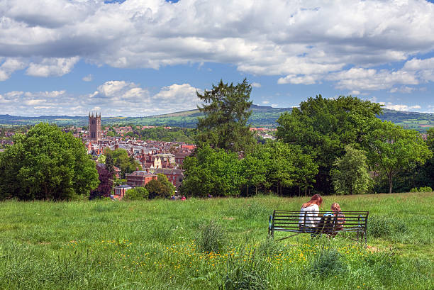 Ludlow, Shropshire Having a picnic overlooking the Shropshire market town of Ludlow, England. ludlow shropshire stock pictures, royalty-free photos & images