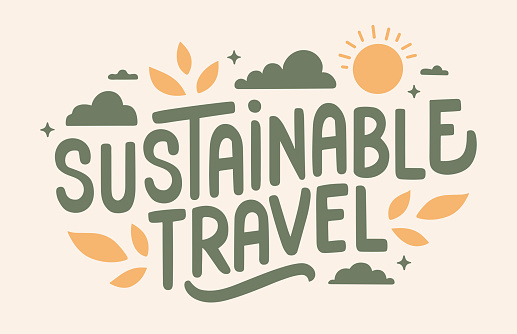 Sustainable travel lettering. Eco-friendly traveling concept. Promote Ecotourism and recycled travel accessories. Minimalist vector for printable products.